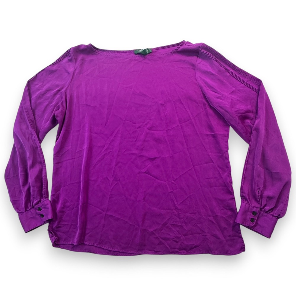 Lauren Ralph Lauren Purple Boat Neck Pintuck Long Sleeve Blouse XL